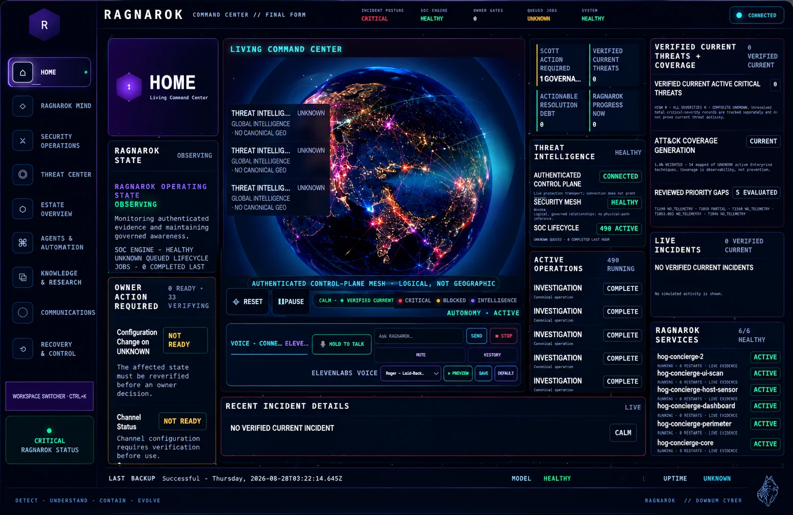 RAGNAROK command center showing a global visualization, system state, active operations, threat coverage, and service health